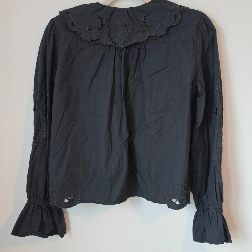 Free People Black Eyelet Embroidered Scallop V-Neck Blouse Top Ruffle Cuff S